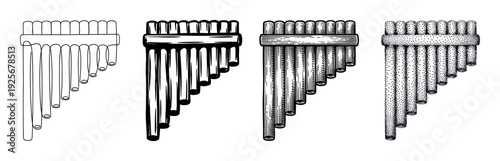 Collection of four pan flute illustrations presented in various black and white artistic styles, including simple line art, solid ink, detailed hatching, and stippling