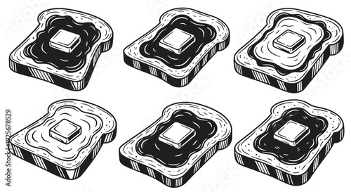 Engraved illustration of six slices of toast with butter and spread.