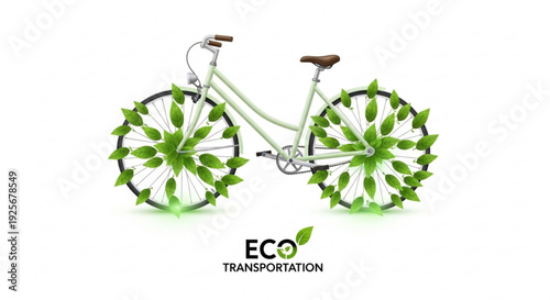 Eco friendly bicycle with green leaf wheels for sustainable transportation and environmentally friendly travel