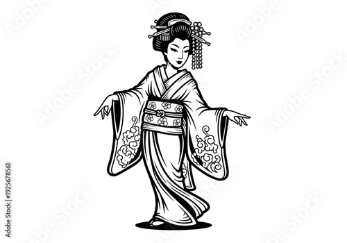 Elegant Japanese Geisha in Traditional Kimono Illustration.