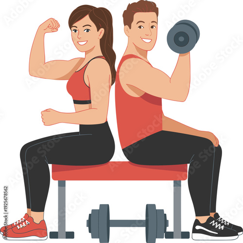 Fitness couple workout illustration showing man and woman training with dumbbells strength exercise healthy lifestyle vector isolated on white background
