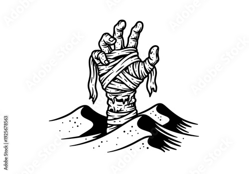 Mummy Hand Emerging from Sand in Black and White Illustration.
