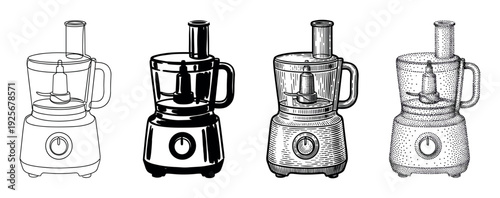 Collection of four food processor illustrations presented in various artistic techniques like simple line art, bold silhouette, classic woodcut hatching, and dotwork stippling