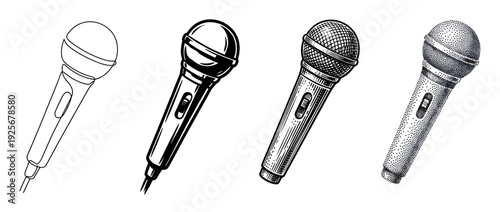 Collection of four hand-drawn microphones illustrated in diverse artistic styles, including simple outline, solid graphic, detailed engraving, and stippling dotwork
