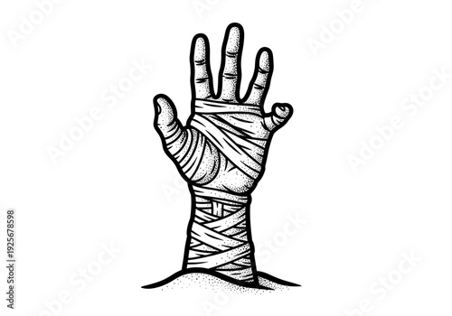 Mummy hand rising from the ground in a spooky Halloween illustration.