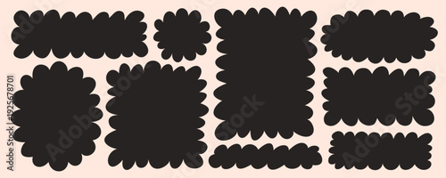 Organic wavy shape frames with soft zigzag edges in bold black silhouettes. Playful rectangle doodle forms for text blocks, labels and expressive graphic compositions
