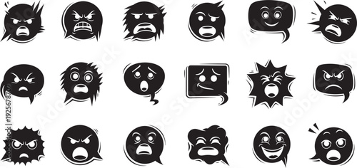 Collection of 18 unique emoticon faces with various expressions and emotions in black and white