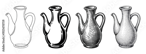 Four hand-drawn olive oil cruet illustrations in different artistic styles including line art, ink, engraving, and stippling, showing a progression of detail