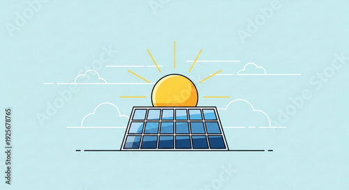 Solar panel with sun shining brightly behind renewable energy concept with blue sky and clouds