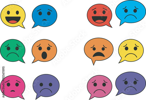 A colorful array of emoticon faces in speech bubbles expressing various emotions