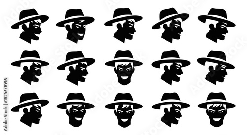 A set of black silhouette icons featuring various facial expressions and hats