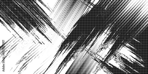 Halftone yellow dots pattern and black gradient grunge texture background. Dotted line comic sport style vector illustration.