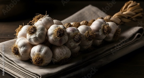 Fresh braided garlic bulbs resting on a rustic cloth on a dark wooden table in a moody kitchen setting.