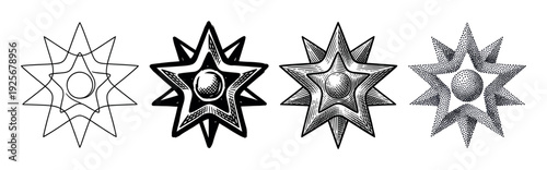 Four variations of a hand-drawn seven-pointed star symbol showing a progression of styles including outline, ink, vintage engraving, and pointillism