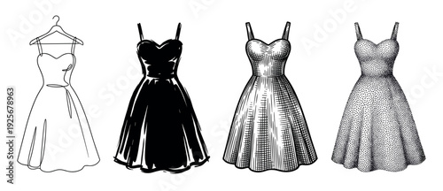 Set of four black dress illustrations showcasing different artistic techniques, including continuous line drawing, ink wash, classic engraving, and stippling for fashion design