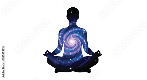 A dark silhouette of a person meditating in a lotus position contains a swirling galaxy pattern with stars, set against a white background.