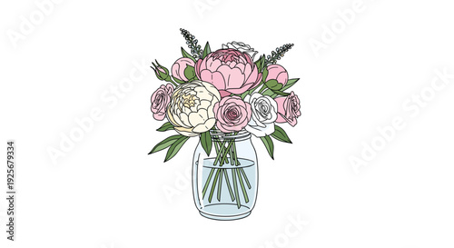 A transparent mason jar holds a fresh bouquet of light pink peonies, white roses, and green foliage, presented against a pristine white background.