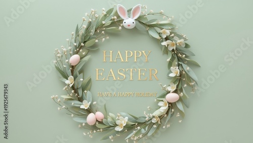 Easter wreath with bunny and eggs on green background flowers