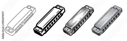 Four black and white harmonica illustrations in various artistic styles including line art, high contrast, engraving, and stippling for a vintage, hand-drawn look