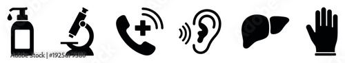 Set of black medical icons including a sanitizer dispenser, microscope, emergency phone, ear, liver, and glove, representing various healthcare and scientific concepts