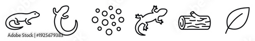 Black and white minimalist icon set featuring amphibians and reptiles like a salamander and lizard, plus nature elements like eggs, a log, and a leaf in a simple line art style