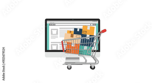 A silver shopping cart overflowing with colorful cardboard boxes stands prominently in front of a black desktop monitor displaying a generic website interface.