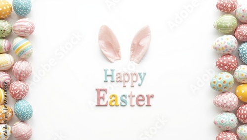 Easter bunny ears and colorful eggs on white background with Happy Easter text