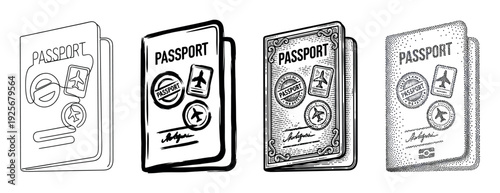 Set of four passport illustrations showing various artistic techniques like continuous line, bold brushwork, detailed engraving, and pointillism for travel and identity concepts