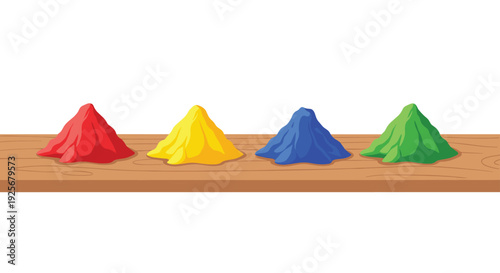 Four conical piles of vibrant red, yellow, blue, and green colored powder are neatly arranged on a light brown wooden plank.