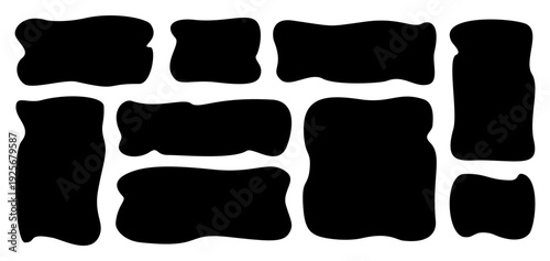 Rectangle irregular organic set with black cute vector shape frame box. Hand drawn rough collage with abstract wavy background. Text rectangle banner with figure graphic shape