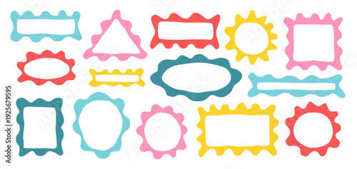 Abstract irregular organic set with color cute vector shape frame box. Hand drawn rough collage with wavy background. Text rectangle banner with figure graphic shape