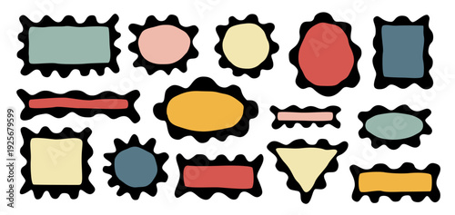 Abstract irregular organic set with color cute vector shape frame box. Hand drawn rough collage with wavy background. Text rectangle banner with figure graphic shape