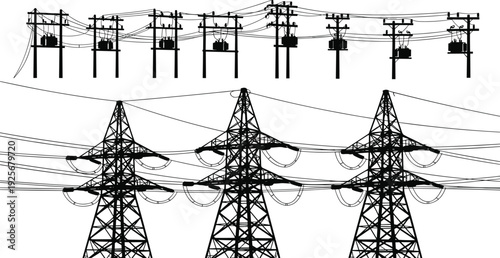 Black silhouette of power lines and towers on white background transmission towers electricity infrastructure