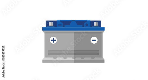 A single grey car battery with a prominent blue top and clearly marked positive and negative terminals rests centrally on a stark white background.
