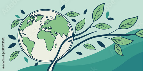 Stylized illustration shows the Earth integrated with a growing tree branch symbolizing global ecological growth and environmental protection efforts.