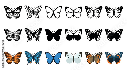 Large collection of butterfly illustrations presented in three distinct styles: simple black outline, solid black silhouette, and detailed full color vector designs