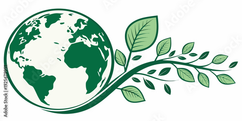 Stylized green globe design integrates with a flowing vine and leaves representing global ecology and sustainability.