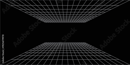 Futuristic perspective grid box. Abstract wireframe with white grid line on black background. Virtual reality landscape in 80s 90s digital style. Vector