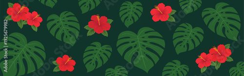 Tropical Hibiscus and Monstera Leaf Banner on Dark Background for Summer Jungle Decor