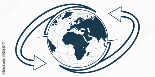 Two large curved arrows circle the detailed blue sphere representing the Earth, symbolizing global exchange, rotation, or cyclical business processes.