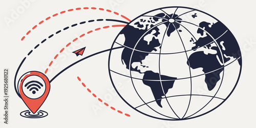 Data transmission is symbolized by dashed lines moving from a Wi-Fi enabled location pin toward the outline of the terrestrial sphere with a paper airplane.