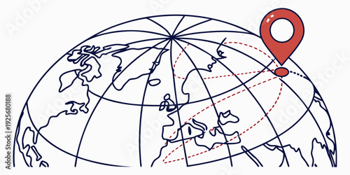 Outline drawing of a simplified planet features a prominent red map marker positioned over Eurasia connected by dashed trajectory lines.