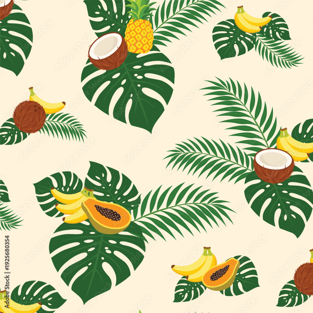 Obraz premium Tropical Fruit Foliage Seamless Pattern with Pineapple Banana Coconut and Monstera on Light Background