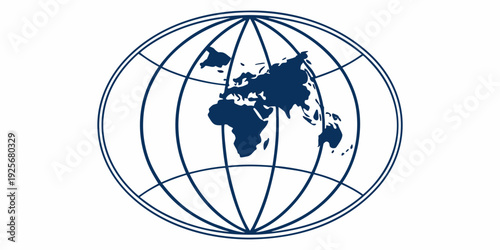 A blue line drawing of a world map projection centered on the continents against a white background serves as a global icon.