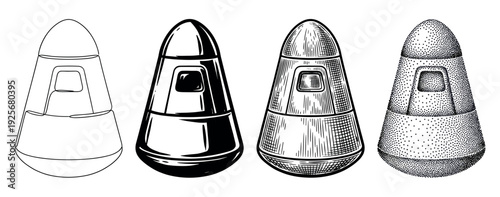 Four distinct black and white space capsules are illustrated in various artistic styles, including continuous line art, solid silhouette, detailed engraving, and intricate stippling