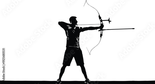 Silhouette of man aiming bow and arrow sideways archery