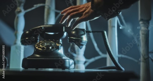 Woman's hesitant hand picking up old rotary phone in dark room - closeup
