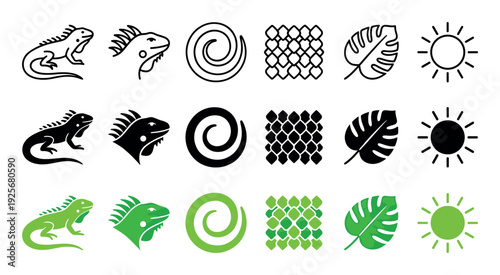 Iguana lizard and tropical nature icon set featuring a reptile, scale pattern, leaf, and sun symbol in line art, solid black glyph, and green color variations