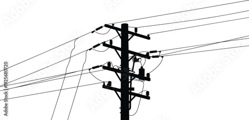 Silhouette of electric power transmission tower with wires pole