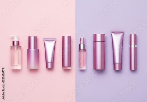 A collection of various pink cosmetic products on pastel pink and purple background